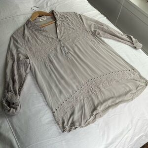 Dylan grey/gray long-sleeved blouse, buttons down the front, embroidered flowers